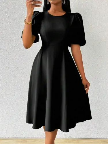 Women's Short Balloon Sleeve Crew Neck Flared Crinkle Crepe Dress - 1