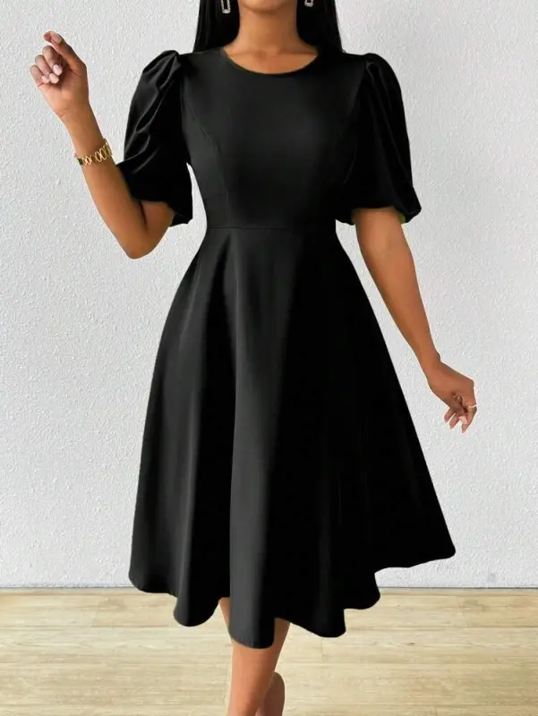 Women's Short Balloon Sleeve Crew Neck Flared Crinkle Crepe Dress - 3