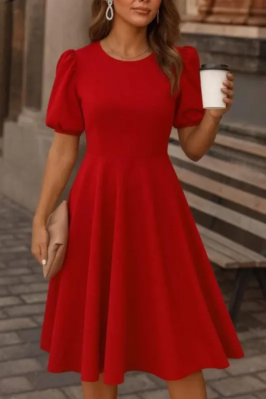 Women's Short Balloon Sleeve Crew Neck Loose Fit Shimmer Crepe Dress - 1