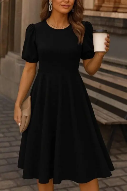 Women's Short Balloon Sleeve Crew Neck Loose Fit Shimmer Crepe Dress - 1