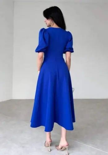 Women's Short Balloon Sleeve Crew Neck Oversized Crinkle Crepe Dress - BÜYÜKBEDENIZ (1)