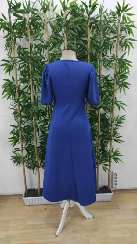 Women's Short Balloon Sleeve Crew Neck Oversized Crinkle Crepe Dress - 4