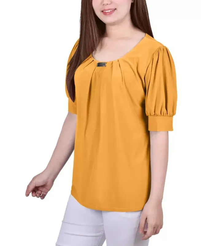 Women's Short Balloon Sleeve Top with Hardware - 3