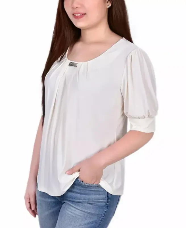 Women's Short Balloon Sleeve Top with Hardware - 3