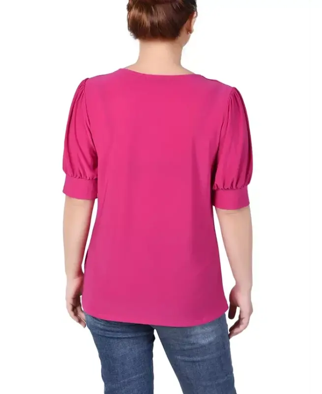 Women's Short Balloon Sleeve Top with Hardware - 2