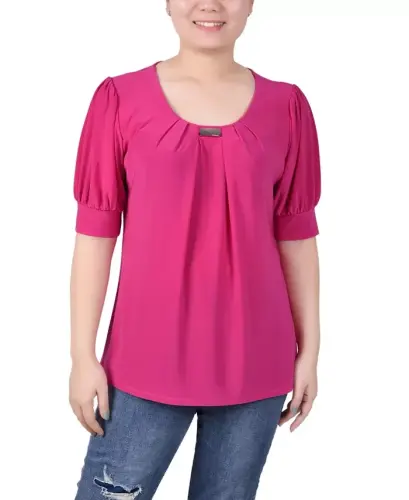 Women's Short Balloon Sleeve Top with Hardware 