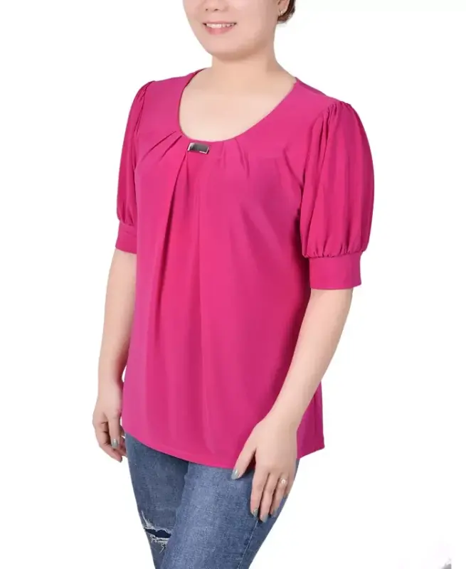 Women's Short Balloon Sleeve Top with Hardware - 3