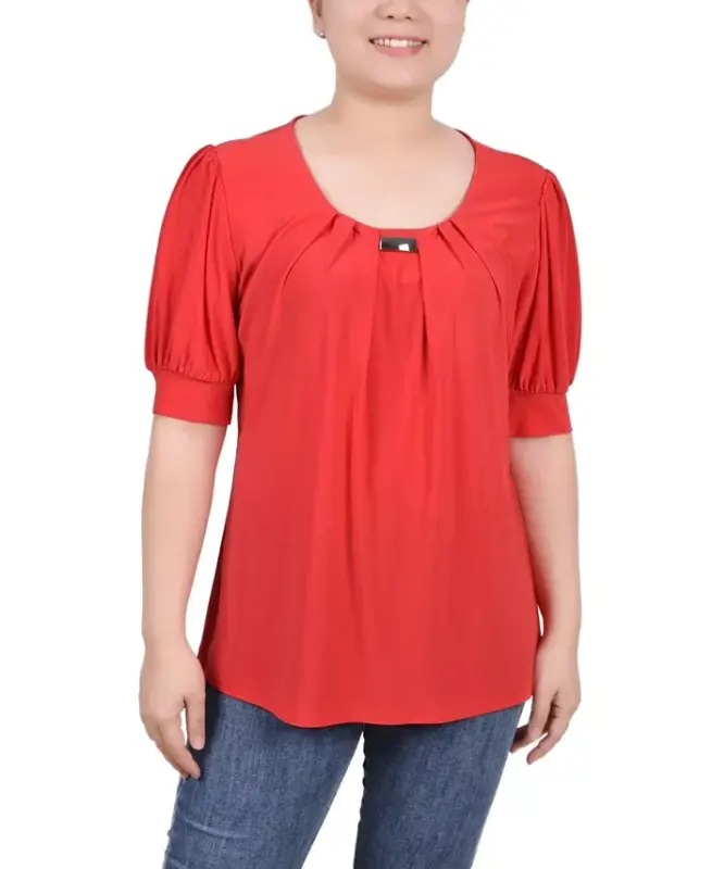 Women's Short Balloon Sleeve Top with Hardware - NY COLLECTION