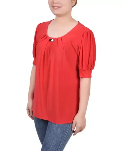 Women's Short Balloon Sleeve Top with Hardware - 3