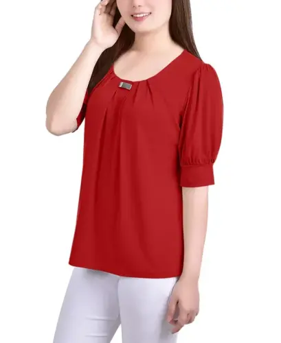 Women's Short Balloon Sleeve Top with Hardware-Lava - 3
