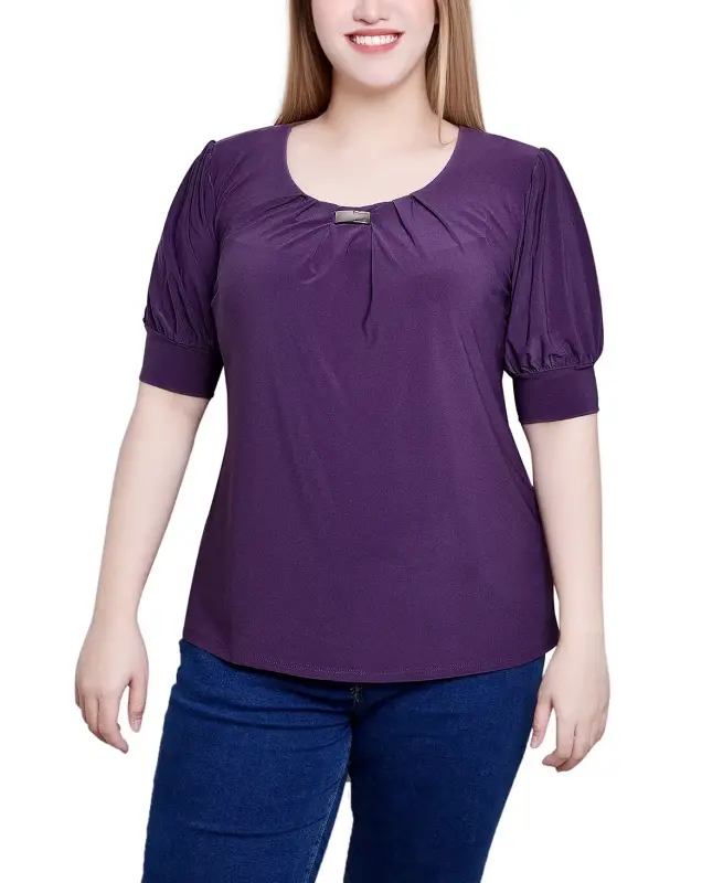 Women's Short Balloon Sleeve Top with Hardware-Nightshade - 1