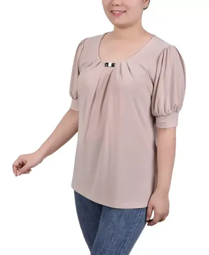 Women's Short Balloon Sleeve Top with Hardware-Oxford Tan - 3