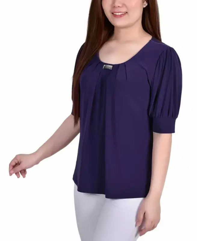 Women's Short Balloon Sleeve Top with Hardware-Purple - 3