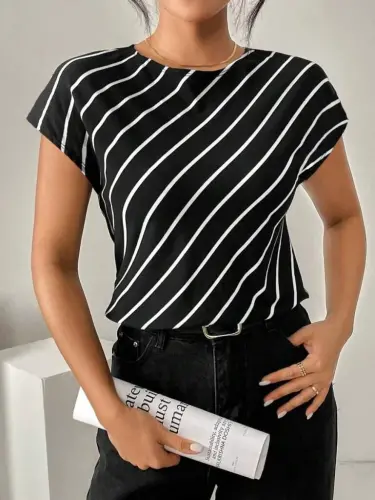 Women's Short Batwing Crew Neck Striped Atlas Blouse - 1