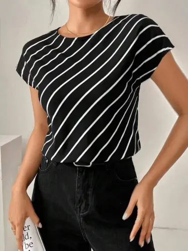 Women's Short Batwing Crew Neck Striped Atlas Blouse - BÜYÜKBEDENIZ (1)