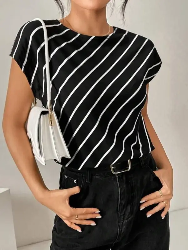 Women's Short Batwing Crew Neck Striped Atlas Blouse - 3