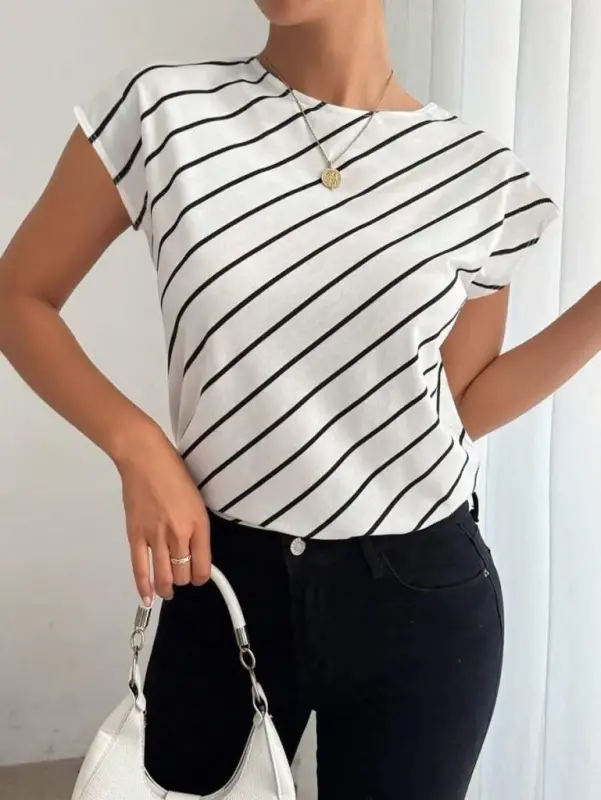 Women's Short Batwing Crew Neck Striped Atlas Blouse - 2