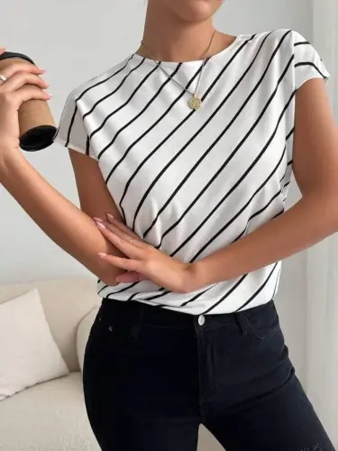 Women's Short Batwing Crew Neck Striped Atlas Blouse - 3