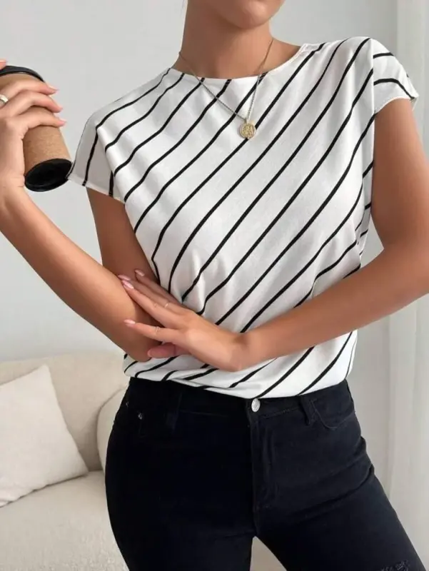 Women's Short Batwing Crew Neck Striped Atlas Blouse - 3