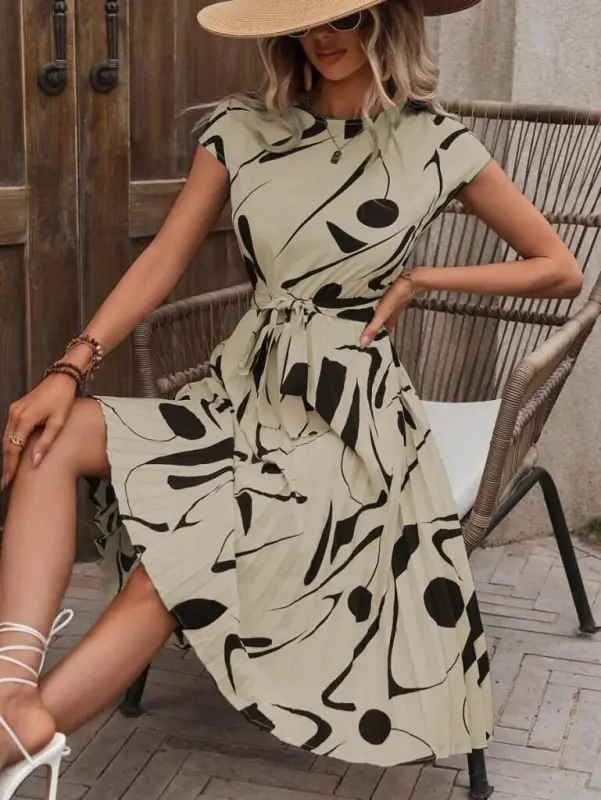 Women's Short Batwing Sleeve Crew Neck Shirred Waist Supreme Dress - 1