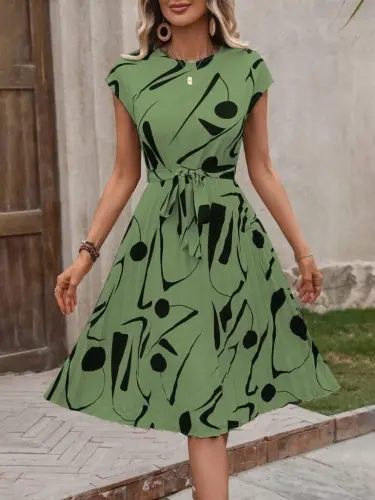 Women's Short Batwing Sleeve Crew Neck Shirred Waist Supreme Dress - 4