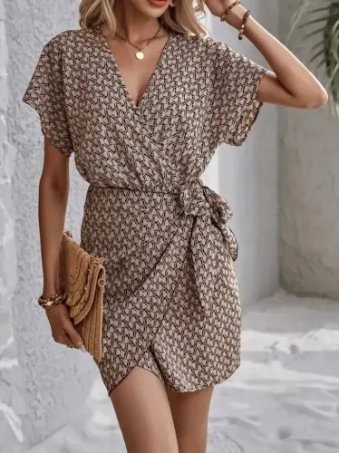 Women's Short Batwing Sleeve Crossover Neck Detailed Front Tie Patterned Supima Dress - 1