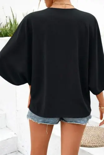 Women's Short Batwing Sleeve V-Neck Button-Front Aerobin Shirt - 4