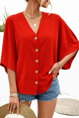 Women's Short Batwing Sleeve V-Neck Front Buttoned Aerobin Shirt - 1