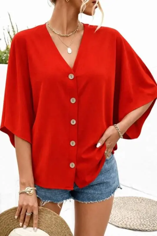 Women's Short Batwing Sleeve V-Neck Front Buttoned Aerobin Shirt - 1