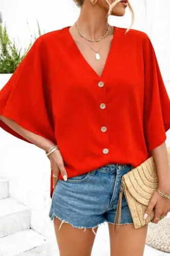 Women's Short Batwing Sleeve V-Neck Front Buttoned Aerobin Shirt - 3