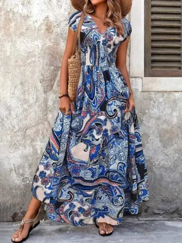 Women's Short Batwing Sleeve V-Neck Ruched Waist Supima Dress - BÜYÜKBEDENIZ (1)