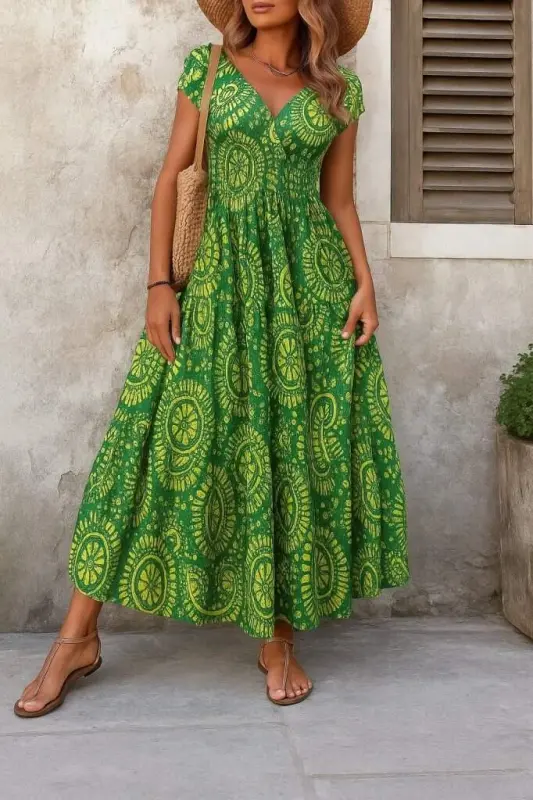 Women's Short Batwing Sleeve V Neck Ruched Waist Supreme Dress - 2