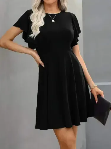 Women's Short Butterfly Sleeve Crew Neck Shimmer Crepe Dress - 1