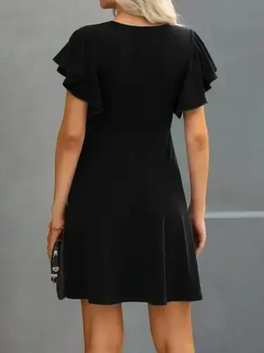 Women's Short Butterfly Sleeve Crew Neck Shimmer Crepe Dress - BÜYÜKBEDENIZ (1)