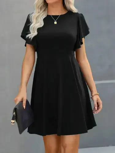 Women's Short Butterfly Sleeve Crew Neck Shimmer Crepe Dress - 3