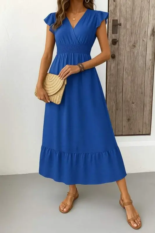 Women's Short Butterfly Sleeve Crossover Collar Elastic Waist Aerobin Dress - BÜYÜKBEDENIZ