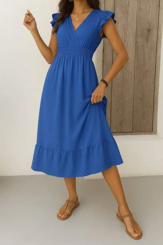 Women's Short Butterfly Sleeve Crossover Collar Elastic Waist Aerobin Dress - 3