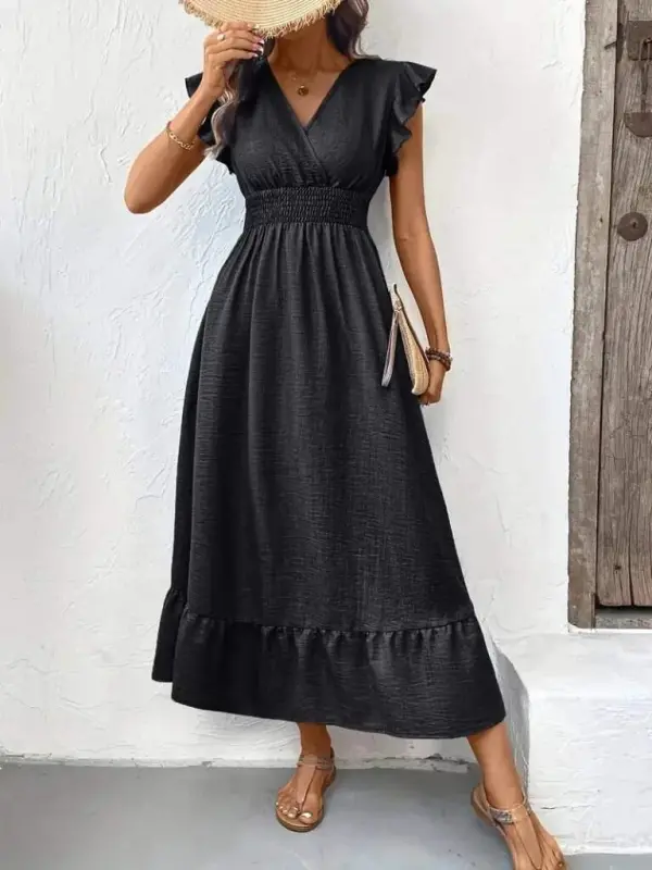 Women's Short Butterfly Sleeve Crossover Collar Elastic Waist Aerobin Dress - 2