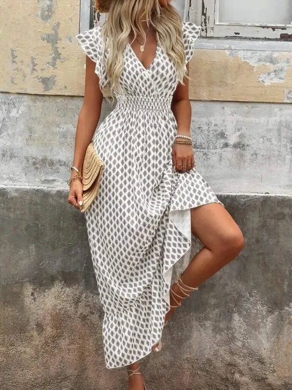 Women's Short Butterfly Sleeve Crossover Neck Patterned Supreme Dress - 1