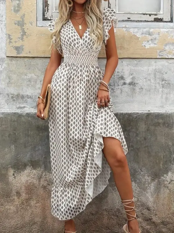 Women's Short Butterfly Sleeve Crossover Neck Patterned Supreme Dress - 3