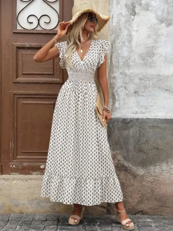 Women's Short Butterfly Sleeve Crossover Neck Patterned Supreme Dress - 4