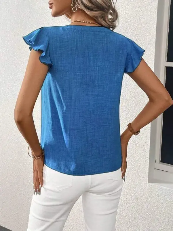 Women's Short Butterfly Sleeve V Neck Blouse - 3
