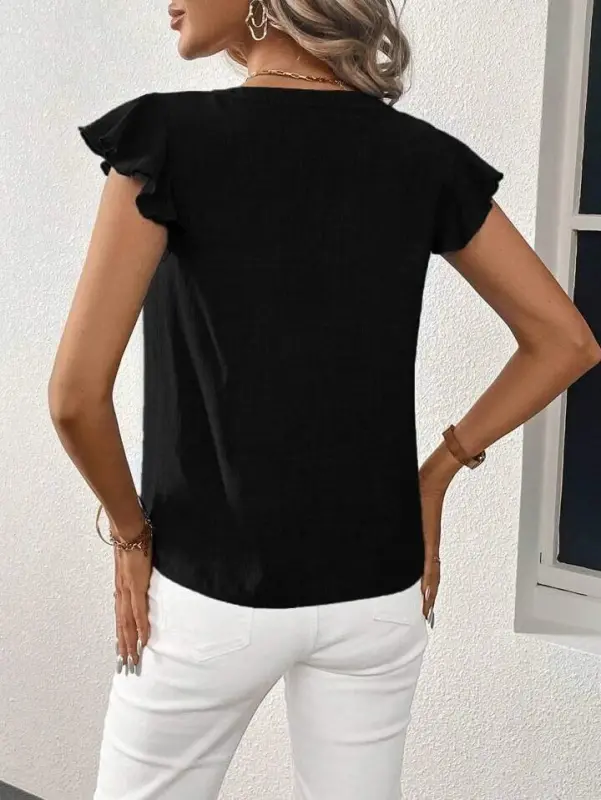 Women's Short Butterfly Sleeve V Neck Blouse - 3