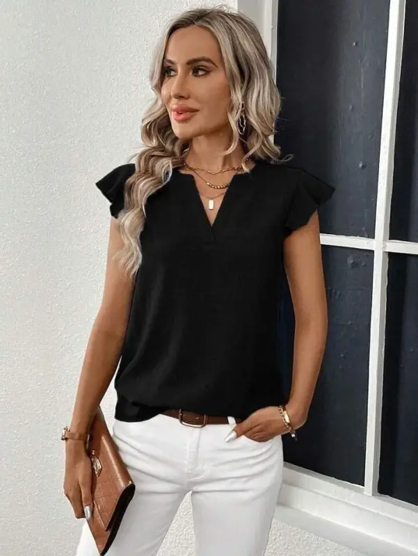 Women's Short Butterfly Sleeve V Neck Blouse - 6