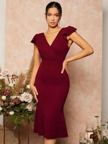 Women's Short Butterfly Sleeve V-Neck Imported Crepe Midi Dress - BÜYÜKBEDENIZ (1)