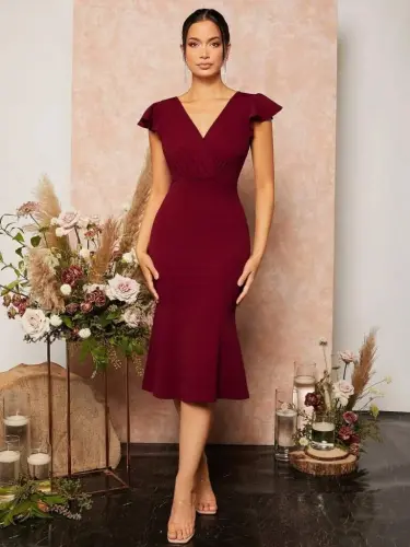 Women's Short Butterfly Sleeve V-Neck Imported Crepe Midi Dress - 3