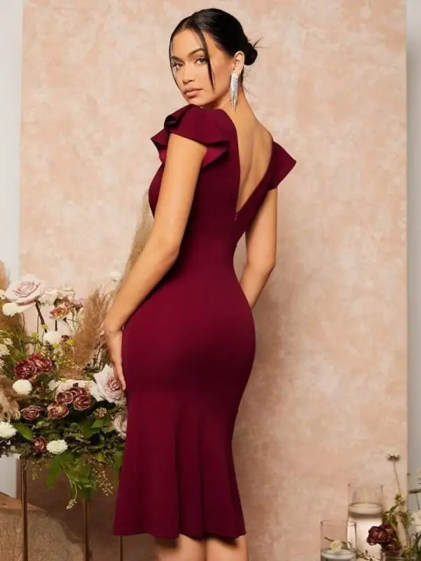 Women's Short Butterfly Sleeve V-Neck Imported Crepe Midi Dress - 4