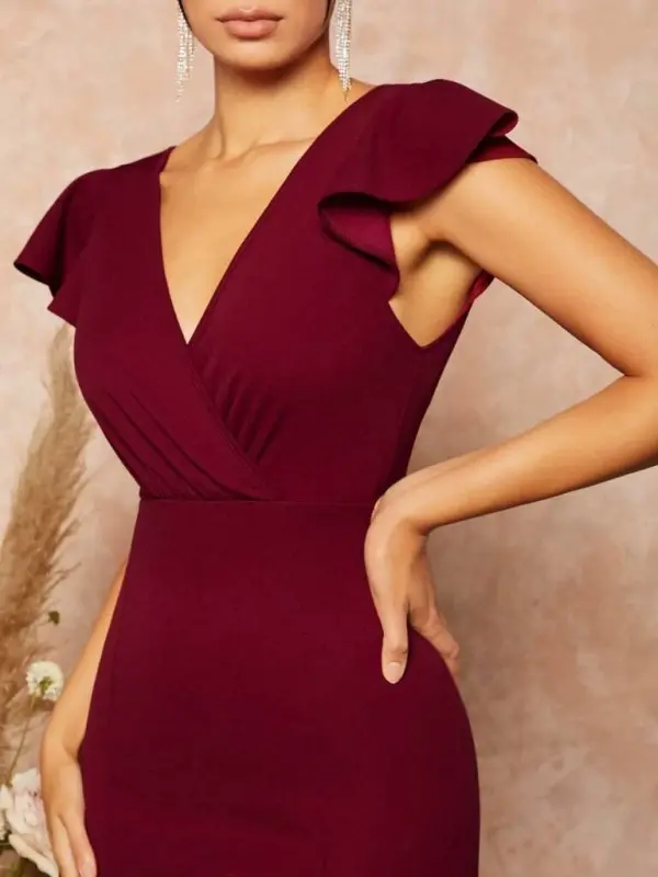 Women's Short Butterfly Sleeve V-Neck Imported Crepe Midi Dress - 5