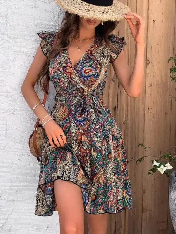 Women's Short Butterfly Sleeve Wrap Collar Supima Dress - 1