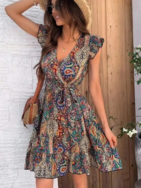 Women's Short Butterfly Sleeve Wrap Collar Supima Dress - 2